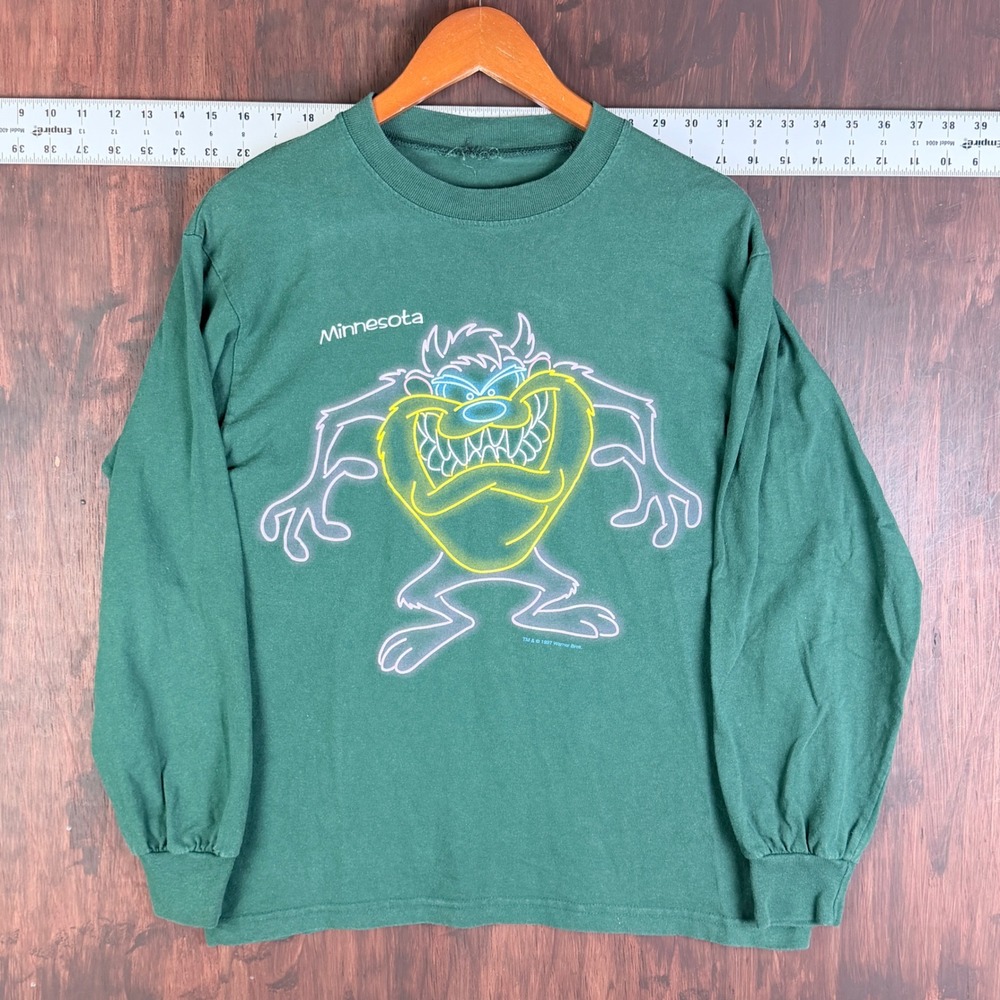 Vintage 1997 Looney Tunes Taz Minnesota Green Long Sleeve T-Shirt Mens Medium